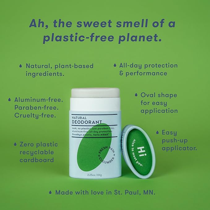 HiBAR - Fresh Rain &amp Cucumber Plastic Free Deodorant - Natural Deodorant - All-Day Protection - With Sunflower Seed Wax Rice Bran &amp Shea Butter - Plastic Paraben &amp Aluminum-Free - Vegan