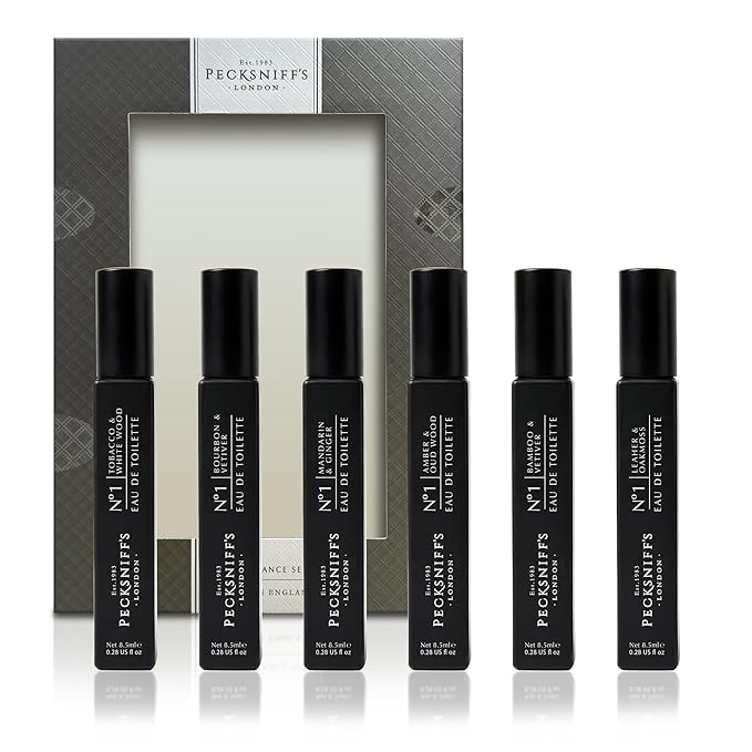 Pecksniff’s Men’s Essentials Fragrance Gift Set – 6x10 ml Eau de Toilette Collection – Luxury Mini Cologne Sampler Designed in England