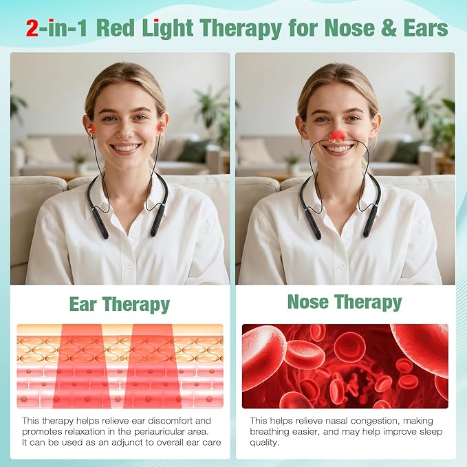Upgraded 2-in-1 Red Light Therapy Device for Ears &amp Nose Dual-Wavelength 660nm Red Light &amp 810nm Near-Infrared Light Timer Function Neck-Wearable Design for Ear Comfort &amp Daily Wellness