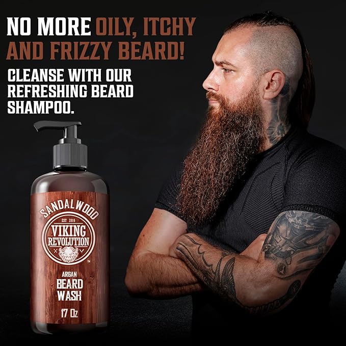 Viking Revolution Beard Wash Shampoo w/Argan &amp Jojoba Oils - Softens &amp Strengthens - Sandalwood Scent - 17 oz Shampoo