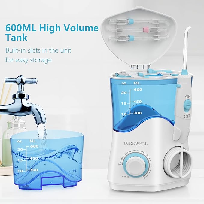 TUREWELL Water Dental Flosser for Teeth/Braces Water Teeth Cleaner 8 Jet Tips and 10 Pressure Levels 600ML Large Water Tank Oral Irrigator for Family(White)