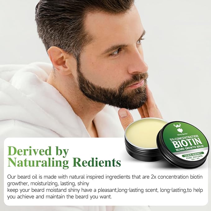 Beard Balm 5% Concentration Biotin Beard Balm for Men (2 oz) - Natural Mens Beard Oil with Castor OilArgan Oil Jojoba Oil and VitaminThickening for BeardBeard Growth Softener