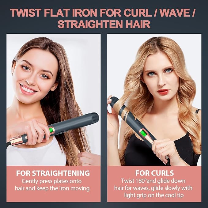 Dual Voltage Hair Straightener and Curler 2 in 1 Flat Iron with Adjustable Temp LCD Display for All Hair Types