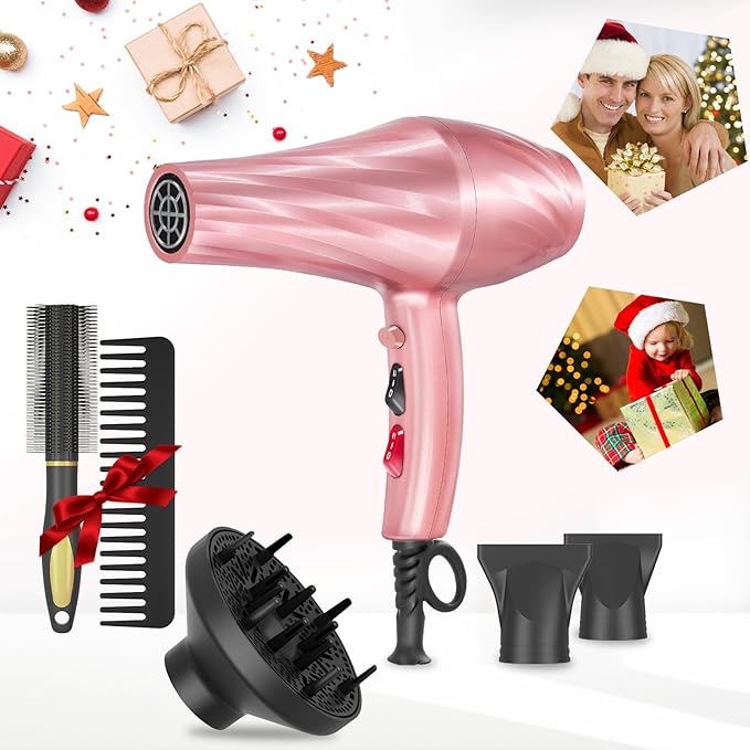 Ionic Hair Dryer2400W Negative Ion Low Noise Hair Dryer Professional Fast Drying Hair Dryers with 2 Speeds 3 Heat Settings Cooling Buttonwith Diffuser for Curly and Straight Hair（Sakura Pink）