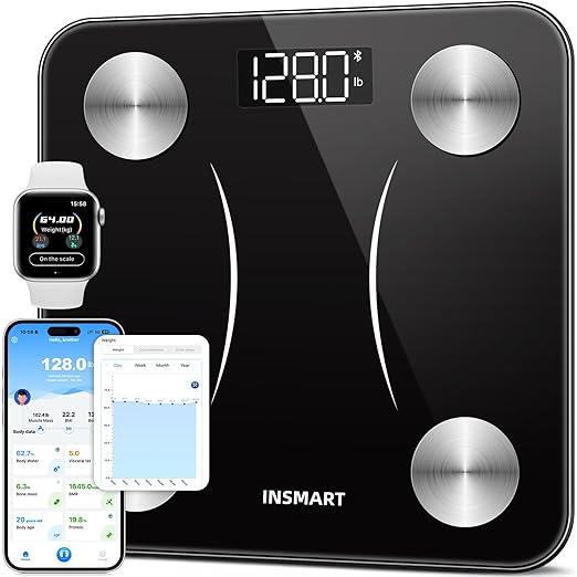 INSMART Body Fat Scale Smart Scale for Body Weight 0.1lb High Accuracy Digital Bathroom Weight Scale for BMI Body Fat Muscle 17 Body Composition Analyzer Sync with App LED Display 400lb Black