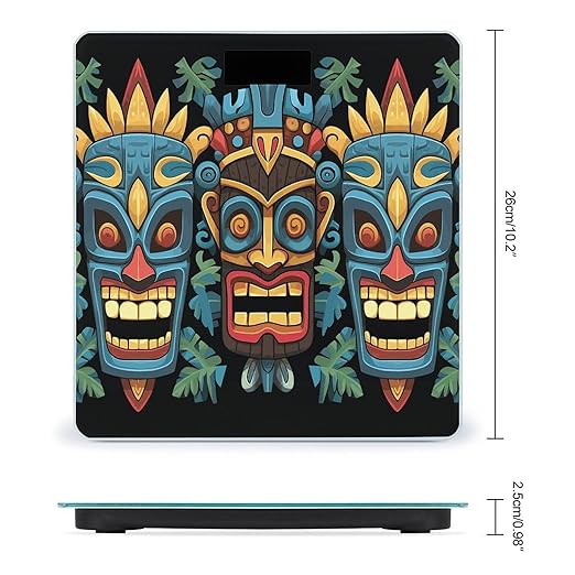 Colorful Tiki Mask Pattern Bathroom Scale Automatic Power On/Off Body Scales LCD Backlight Display Square Digital Scale Rounded Corners Bathroom Scales for Home Bedrooms
