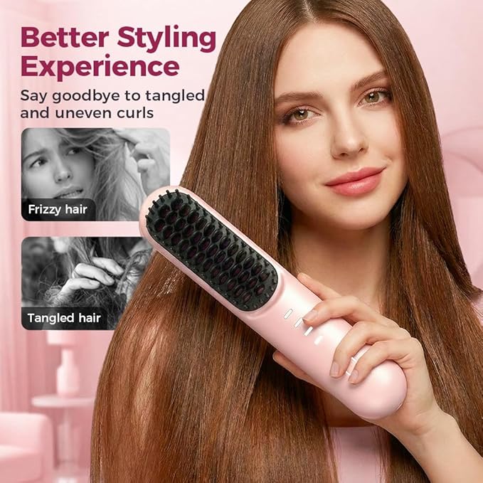 GO Brush - Pro for Short Hair Cordless Straightening Brush with 30s Fast Heat 3 Temperature Settings Ionic &amp Ceramic Care Portable Mini Hair Brushs for Frizz-Free Styling (Pink)