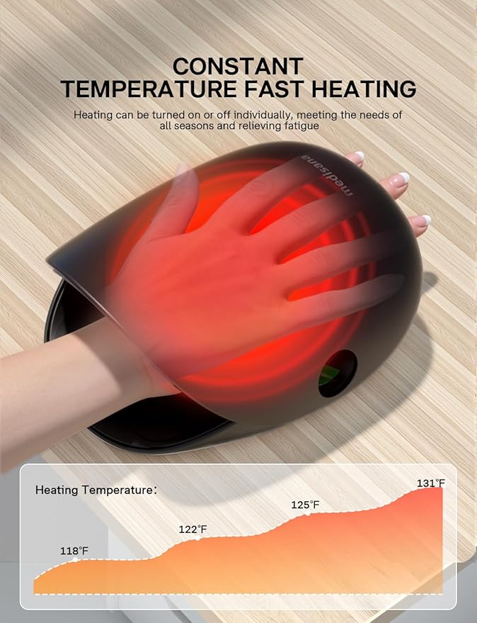 Medisana Hand Massager with Heat and Compression Cordless Hand Massager for Arthritis and Carpal Tunnel Relief Knuckle Stretching Massage Birthday Christmas Gifts for Men Women Dad Mom-Black