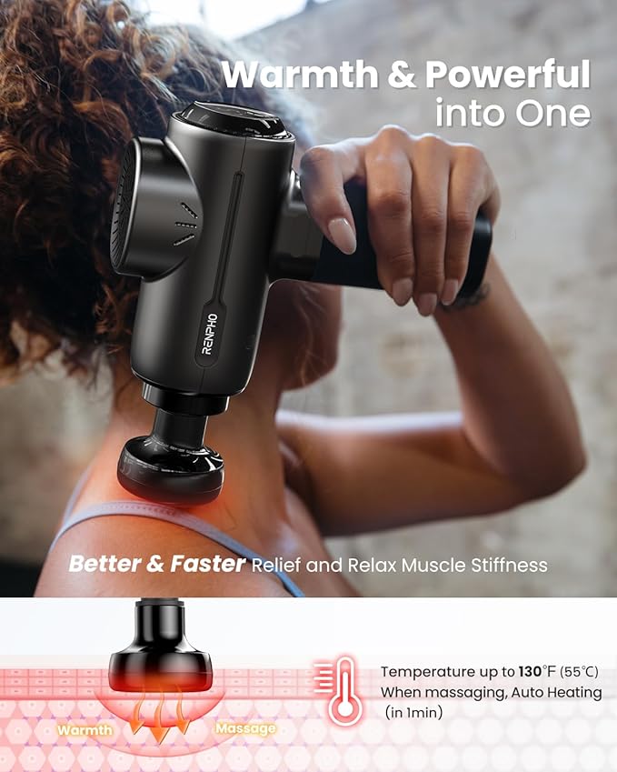 RENPHO Active+ Thermal Massage Gun with Heat App Control Deep Tissue Percussion Massager for Back and Neck Portable Handheld Massager with 5 Speeds 5 Attachments Carry Case Black