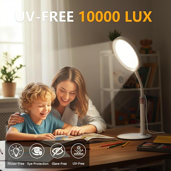 Light Therapy Lamp LED Sunlight Lamp 10000 Lux Full Spectrum Happy Therapy Desklamp with UV-Free3 Color Temperature &amp 9 Brightness Level &amp Timer for Home Office Decoration (White A)