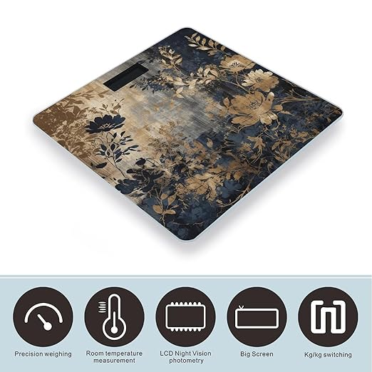Gold and Black Flowers Scale for Body Weight Highly Accurate Digital Bathroom Body Scale Digital Body Weight Scale Tempered Glass LCD Display Batteries and Tape Measure