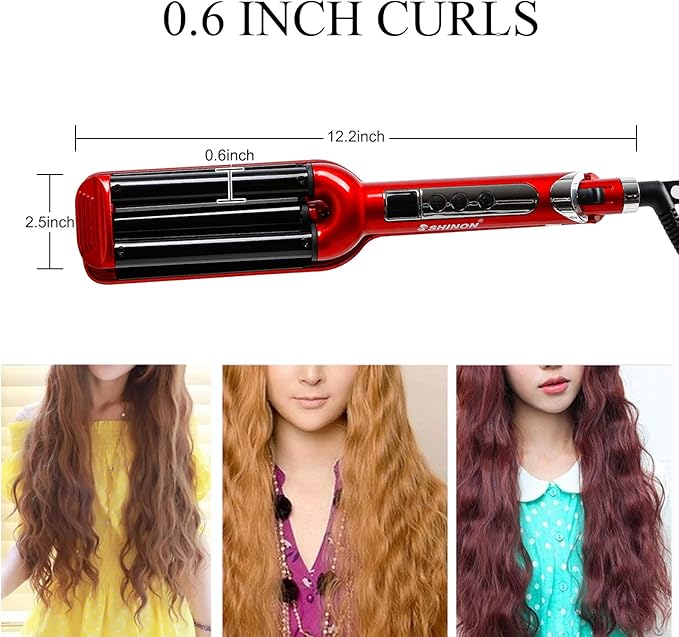 Mannice Ceramic Hair Iron 3 Barrel Curling Iron 0.6 inch / 16mm Perm Instant Curls Hair Crimper and Wavers Red (8 inches) Ideal Gift for Valentine's Day or Mother's Day