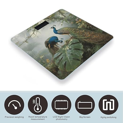 Elegant Colorful Peacock Weight Scale Large Bathroom Scales Digital Weight with Bright LED Display Non Slip Automatic Weighing Scale Fashion Weighing Machine for Body