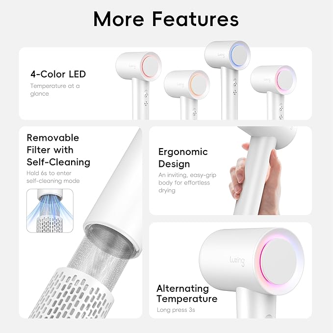 Hair Dryer TurboLux Ionic 200 Million Negative Ions 1500W Fast Drying High Speed Hairdryer with Diffuser Lightweight Low Noise Hair Dryers for Women with 110000 RPM Brushless Motor (Pearl White)