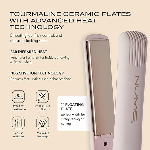 NuMe Fashionista Flat Iron - 1” Tourmaline Hair Straightener - Tourmaline Ceramic Plates - Professional Salon Hair Straightening Styling Flat Iron - Programmable Auto Shut Off - Blush