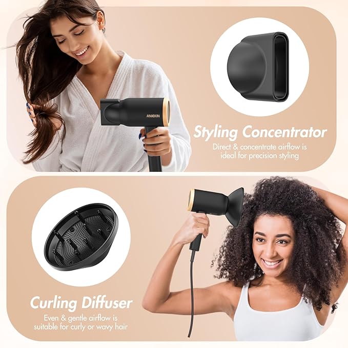 ANIEKIN Hair Dryer 1875 Watts Fast Drying Blow Dryer with Diffuser and Concentrator Compact Lightweight Hair Dryer for Women and Men