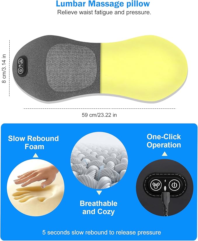 Smooth Triple Fusion Back MassagerElectric Lumbar Support Pillow with Heat &ampVibrationAir Lift Technology Ergonomic Memory Foam Spine Back Massager for Lower Back Tension Relief