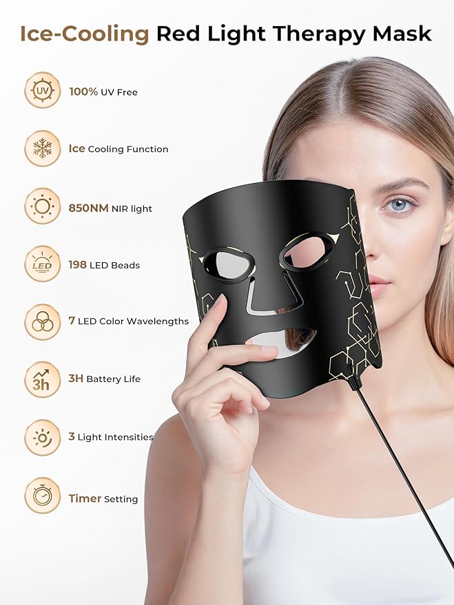 LED Light Therapy mask (E106A) for Face LED Light Therapy Mask with Adjustable Brightness and Timer Soft Silicone Red Light Therapy Mask for Home &amp Travel Black