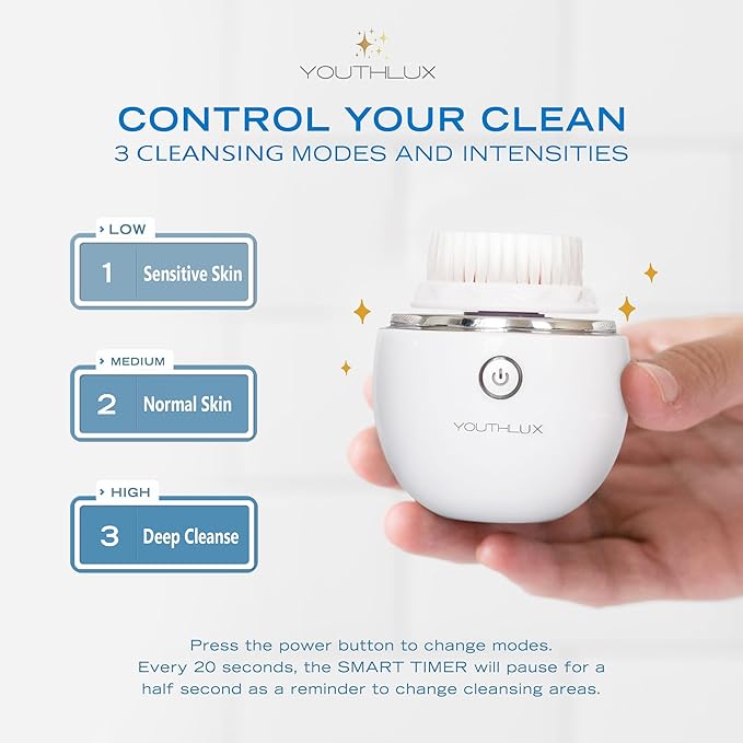 YouthLab Pure Radiance Vibrating Facial Cleansing Brush Electric 3 Modes 3 Brush Heads (2 Bristle1 Silicone) Waterproof Rechargeable Smart Timer Exfoliating Massage (Silver)