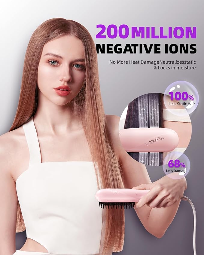 Hair Straightener Brush Portable Ionic Hair Straighteners for Women Straightening Brush with 3 Temp Settings 30 Min Auto Shut-Off Dual Voltage Hot Comb for Frizz-Free Styles