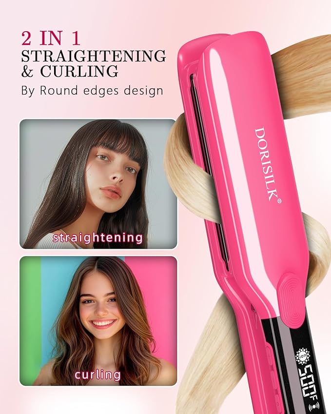 DORISILK 500 Degree High Temp Professional Hair Straightenr  Ceramic 1.75 Inch Wide Flat Iron 2 in 1 Hair Straightener and CurlerPlasma Hair Straightener Get Frizz-Free and Shiny (Hot Pink)