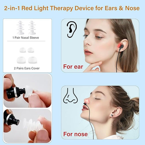 2 in 1 Ears &amp Nasal Wellness Red Light Therapy Tinnitus Relief for Ringing Ears Therapy Device Neck Hanging Redlight Earbuds with Washable Silicone Covers &amp Sleeves 30-min Timer