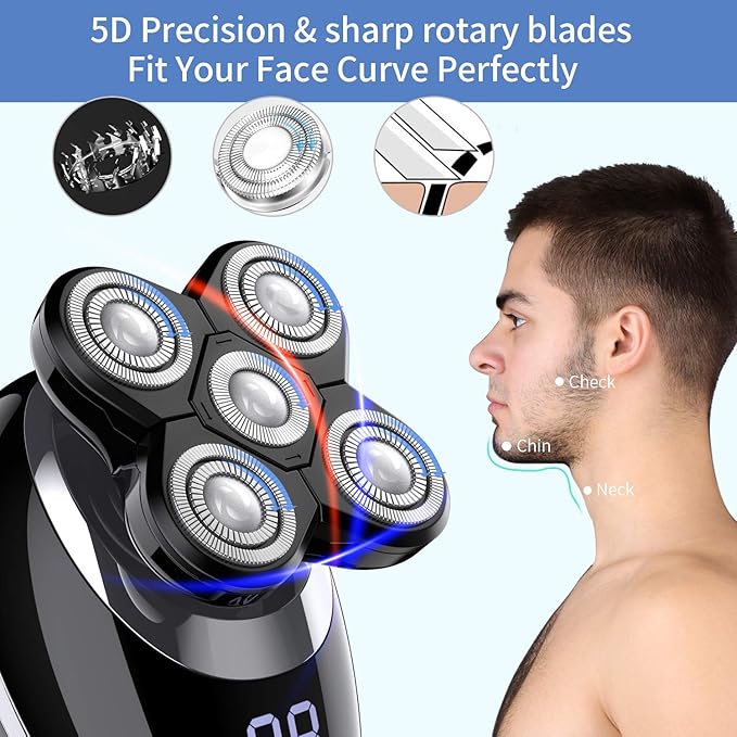 Electric shavers for Men Cordless Rechargeable Electric Razor Bald Head Shaver 5 in 1 Nose Beard Trimmer Hair Clipper Facial Grooming Kit Waterproof Wet Dry Rotary Shaver with Cleansing Brush