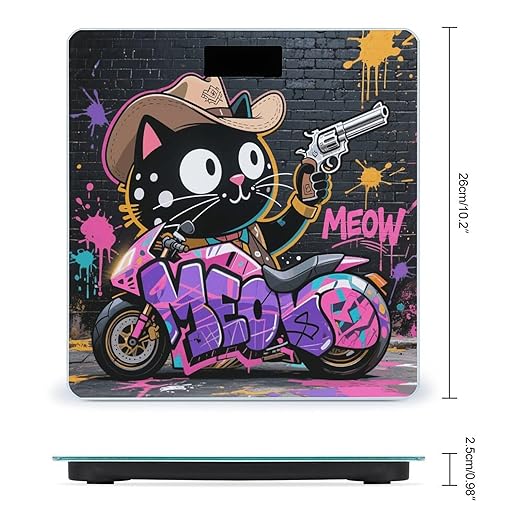 Cartoon Cat Riding Motorcycle Scale for Body Weight Sturdy Tempered Glass Weighing Scales with LCD Display Accurate Digital Bathroom Scale Convenient Body Fat Smart Scales Easy Read