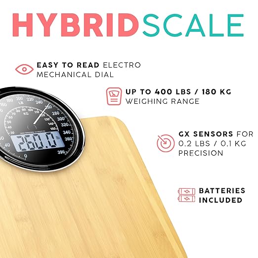 Adamson Hybrid 2-in-1 Analog &amp Digital Weighing Scale for Body Weight up to 400lbs - Thick Tempered Glass - Extra Large Display - Easy to Read Digital Bathroom Scale - Wood with White Backlight