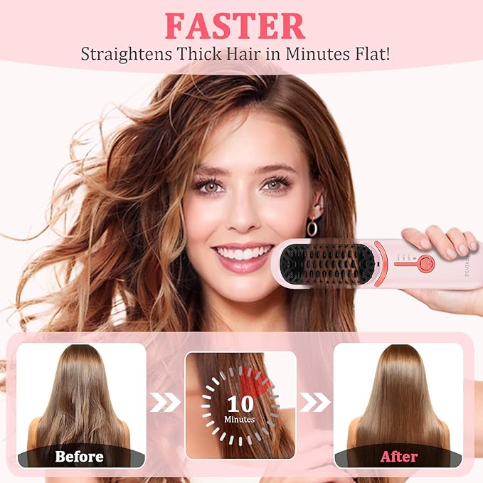 Cordless Hair Straightener Brush - Portable Hair Brush for Travel - 30s Fast Heating - Portable Straightening Brush for Travel Mini Hot Straightening Comb for Women