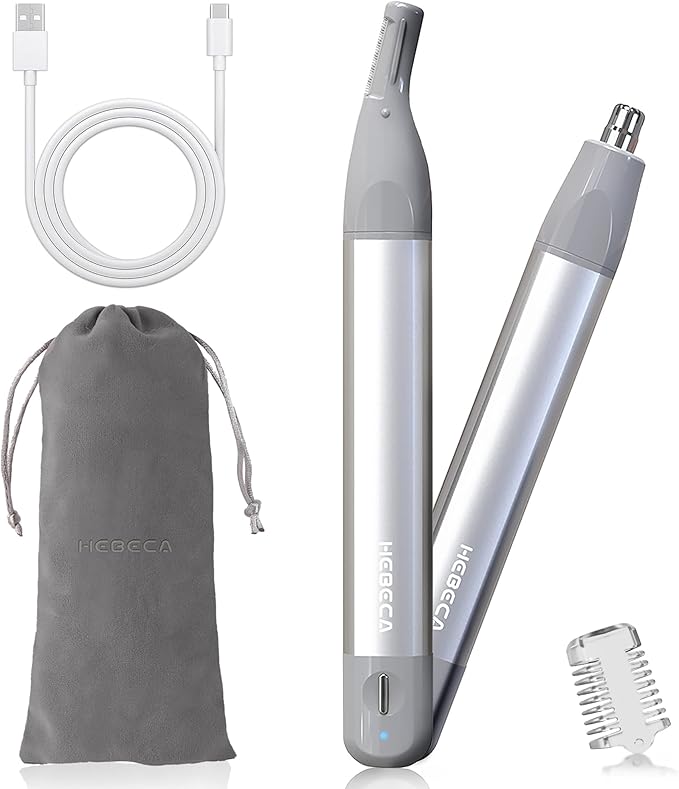 Nose Hair Trimmer for Men Women 2in1 Facial Hair Removal Trimmer - Metal Body Rechargeable Waterproof Portable - Nose Ear Eyebrow Peach-Fuzz Lips Chin (Silver)