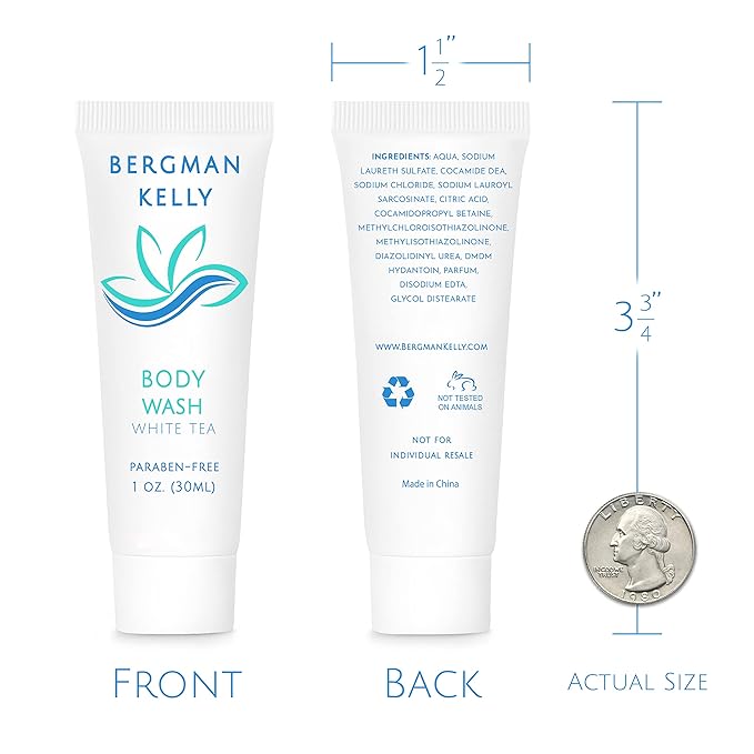 BERGMAN KELLY Travel Size Body Wash (1 fl oz 50 PK White Tea) Delight Your Guests with a Revitalizing and Refreshing Hotel Body Wash Quality Mini and Small Size Guest Hotel Toiletries in Bulk