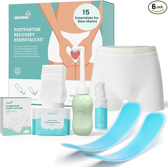 Grownsy 15pc Postpartum Essentials Recovery Kit | Postpartum Kit for Women | Includes 5 Postpartum Pads 5 Disposable Underwear 2 Ice Packs Peri Bottle Perineal Spray &amp 28 Cooling Pad Liners