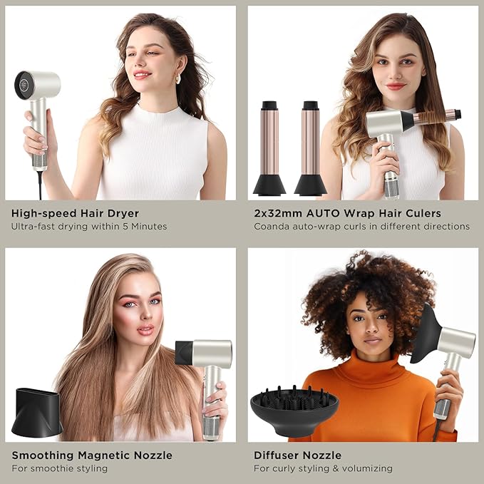PARWIN PRO BEAUTY Air-Sonic Hair Dryer with Diffuser HD-LED Display &amp 110 000 RPM High Speed Ionic Blow Dryer 1 1/4 Inch Left &amp Right Air Auto-Wrap Curlers Champagne Silver Professional Ve