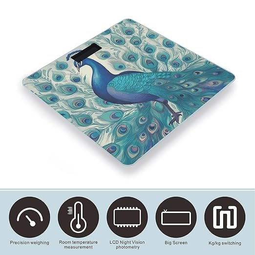 Cute Peacockm Scale for Body Weight Anti-Slip Tempered Glass Digital Bathroom Scales Clear LCD Display Weighing Scale Safe Rounded Corners Smart Scales