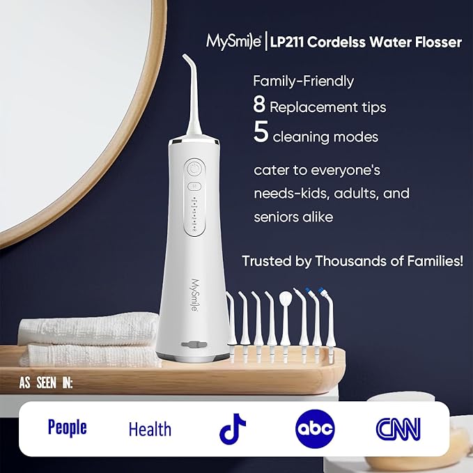 MySmile LP211 Cordless Water Flossers Portable Rechargeable Oral Irrigator for Teeth Cleaning 5 Cleaning Modes IPX7 Waterproof 8 Replacement Tips and a Storage Pouch (Pearl White)
