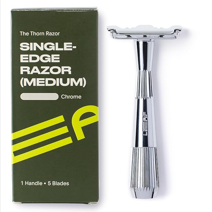 Leaf Thorn Razor by Leaf Shave All-Metal Single Blade Razor for Men and Women Fixed Head with Magnetic Load Assist Includes 5 Stainless Steel Blades - Face Shaving and Coarser Hair - Chrome