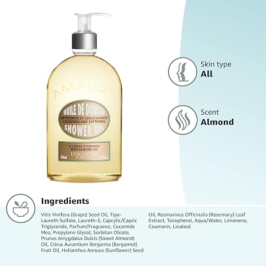 L'OCCITANE Cleansing &amp Softening Almond Shower Oil Body Wash &amp Shaving Base Purifies &amp Smooths Without Drying Skin Milky Lather Nourishing Skincare