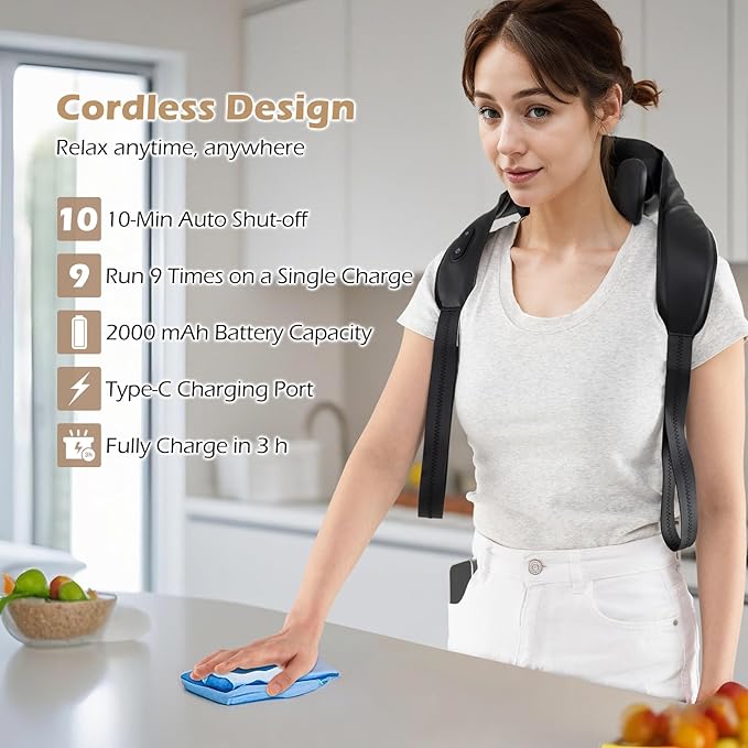 COSTWAY Neck Shoulder Massager 4D Deep Tissue Kneading Shiatsu Machine with 2 Heat Levels for Pain Relief Portable Cordless Neck Back Leg Massager Pillow Gift for Family Women Men Black
