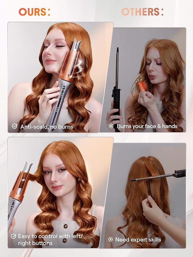 SHEGLAM Automatic Curling Iron 1 inch with 3 Temperatures Fast Heating 2-Way Rotation Automatic Shut-Off Anti-Scald Anti-Tangle Rotating for Hair Styling