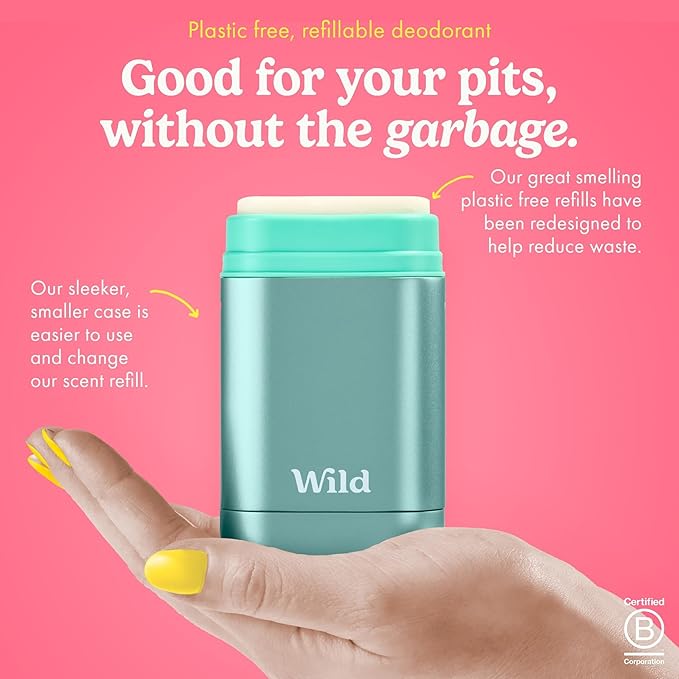 Wild Aluminum Free Deodorant for Men &amp Women Starter Kit - Refillable Stick Deodorant with Aqua Case and Pink Grapefruit &amp Lime Scented Refill (1.4oz) - Long Lasting Protection - Vegan Friendl