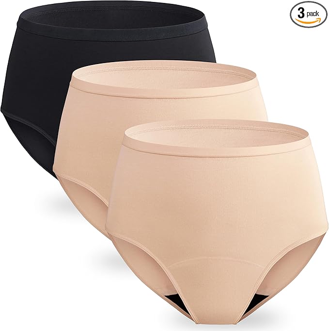 Women Leak Proof Incontinence Underwear Washable Absorbency Protective Postpartum Panties 2.0 OZ Bladder Control 3 Pack (1 Black-2 Beige 2XL)