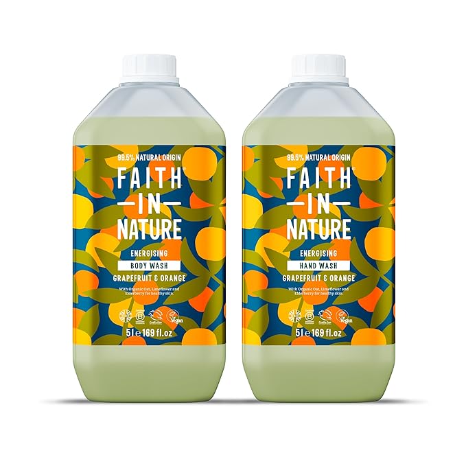Faith In Nature Natural Hand Wash &amp Body Wash Set - Vegan &amp Cruelty Free No SLS or Parabens - 2 x 169 fl oz Value Bundle Pack Grapefruit &amp Orange