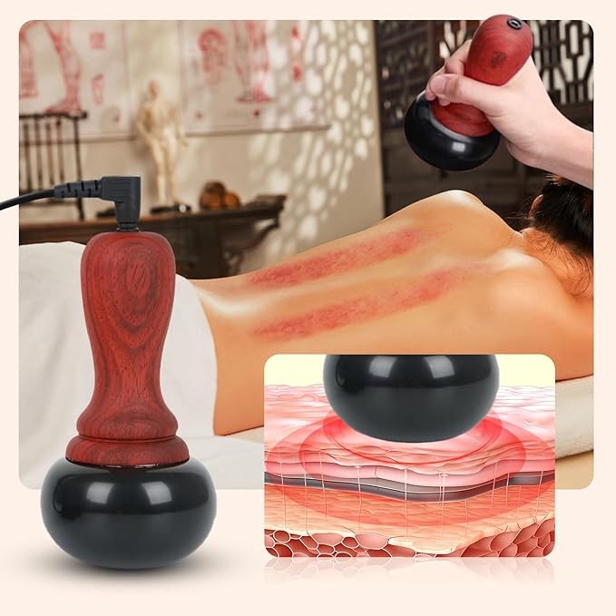 Hot Stone Massager with Temperature Control Electric Body Massager Natural Bian Stone Gua Sha Scraper Home SPA Therapy Pain Relief Brownish Red