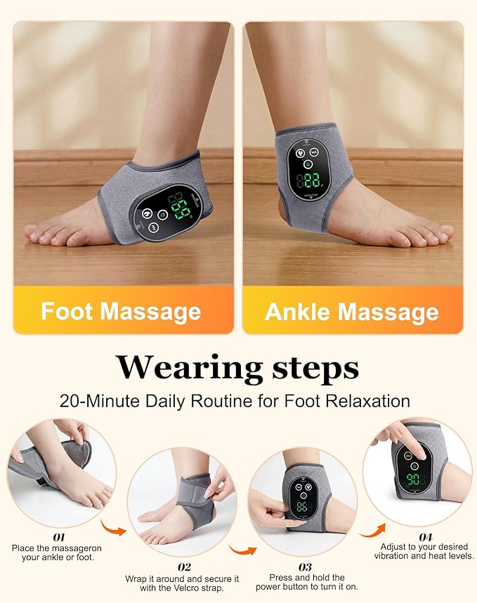 Cordless Foot Massager for Pain Relief &amp Circulation 4 Heat &amp 3 Vibration Modes with 3 Timers (30-Min Auto Off) Portable for Heel/Arch/Ankle Compact Design for Home Office Travel Gray