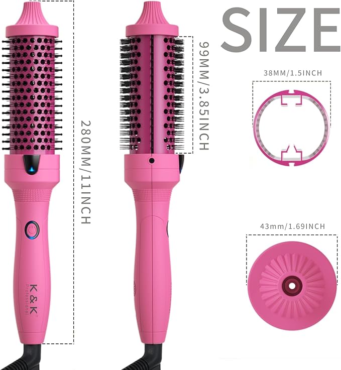 K&ampK Thermal Brush 1.5 Inch Ionic Heated Round Brush Professional Heated Ceramic Tourmaline Coating Curling Iron Hot Styling Volumizing Tool Dual Voltage Pink
