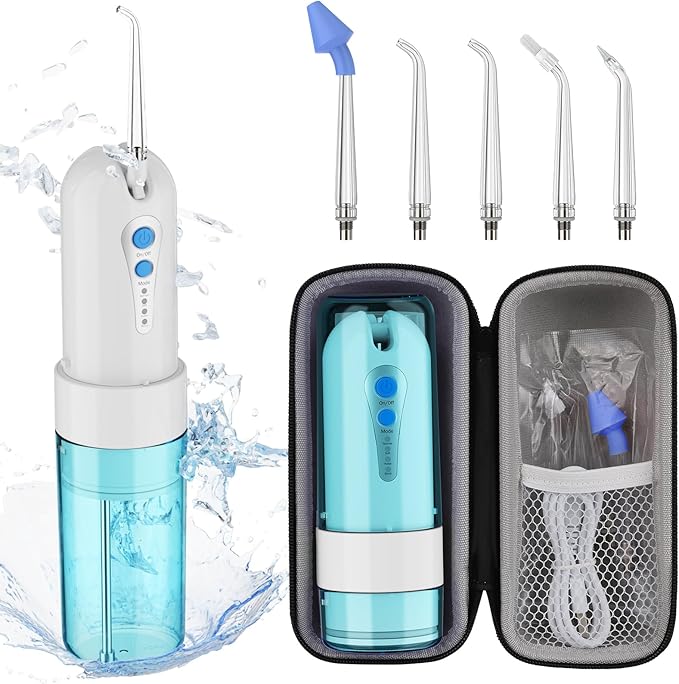 Water Dental Flosser for Teeth Cleaning and Flossing with Travel Size Case – Rechargeable Oral Irrigator KOOVON Portable Water Flosser for Adults IPX7 Waterproof 5 Jet Tips &amp 4 Modes Blue