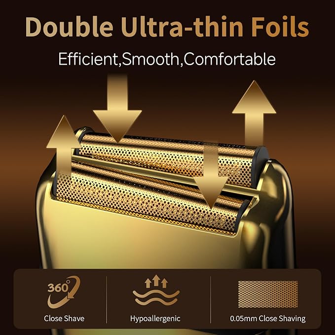 Electric Foil Shaver for MenElectric Razor with Pop-up TrimmerCordless Beard TrimmerWaterproofWet &amp Dry ShavingLED Display2-Speed Mode (Gold)