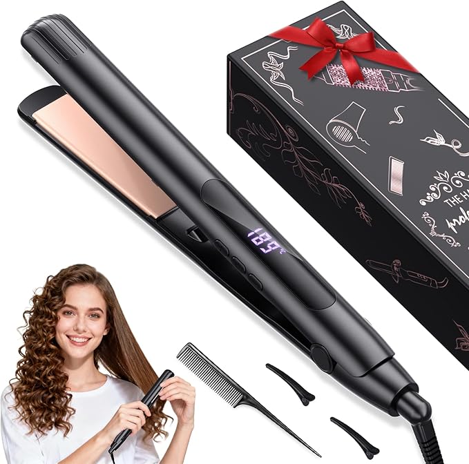 Hair Straightener Flat Iron 1 Inch Titanium Ceramic Ionic Hair Straightener and Curler 2-in-1 Fast Heat Up Adjustable Temperature Dual Voltage Auto Shut Off for Less Frizz Shines and Smooth