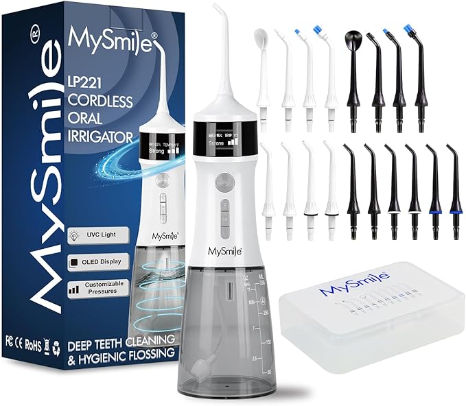 MySmile LP221 Self Cleaning Cordless Water Flossers for Teeth 335ML Portable OLED Display Dental Flosser with 4 Modes 18 Jet Tips and a Storage Pouch for Home and Travel (White+Black)